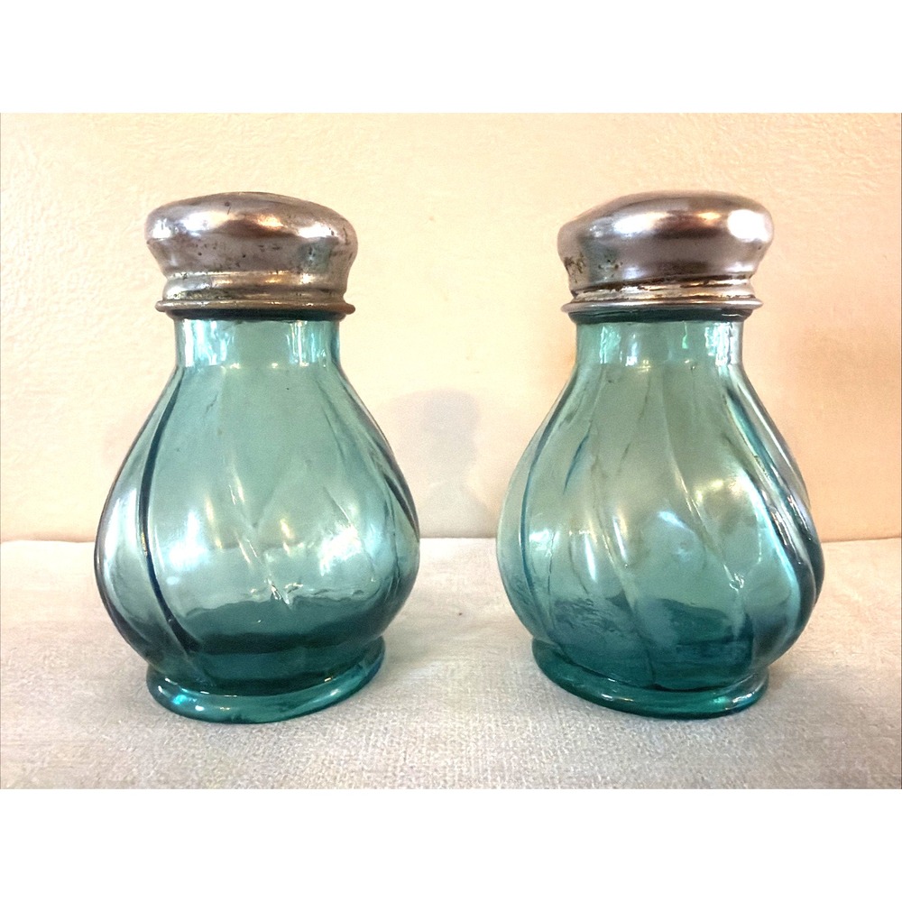 Vintage Aqua/Turquoise Glass Salt & Pepper Shakers - Swirl Design w/Metal Caps